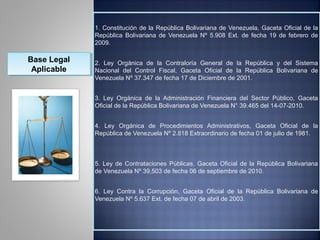 1. Constitución de la República Bolivariana de Venezuela, Gaceta Oficial de la
             República Bolivariana de Venezuela Nº 5.908 Ext. de fecha 19 de febrero de
             2009.

Base Legal
Base Legal   2. Ley Orgánica de la Contraloría General de la República y del Sistema
 Aplicable
 Aplicable   Nacional del Control Fiscal, Gaceta Oficial de la República Bolivariana de
             Venezuela Nº 37.347 de fecha 17 de Diciembre de 2001.


             3. Ley Orgánica de la Administración Financiera del Sector Público, Gaceta
             Oficial de la República Bolivariana de Venezuela N° 39.465 del 14-07-2010.


             4. Ley Orgánica de Procedimientos Administrativos, Gaceta Oficial de la
             República de Venezuela Nº 2.818 Extraordinario de fecha 01 de julio de 1981.



             5. Ley de Contrataciones Públicas, Gaceta Oficial de la República Bolivariana
             de Venezuela Nº 39,503 de fecha 06 de septiembre de 2010.


             6. Ley Contra la Corrupción, Gaceta Oficial de la República Bolivariana de
             Venezuela Nº 5.637 Ext. de fecha 07 de abril de 2003.
 
