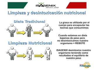 Limpieza y desintoxicación nutricional

  Dieta Tradicional      La grasa es utilizada por el
                         cuerpo para encapsular las
                          toxinas que consumimos


                         Cuando estamos en dieta
                          bajamos de peso pero
                        no desintoxicamos nuestro
Limpieza Nutricional      organismo = REBOTE

                       ISAGENIX desintoxica nuestro
                         organismo teniendo como
                         resultados el equilibrio de
                                nuestro peso
 