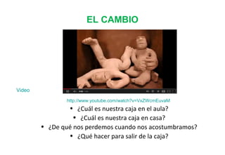 EL CAMBIO
http://www.youtube.com/watch?v=VxZWcmEuvaM
• ¿Cuál es nuestra caja en el aula?
• ¿Cuál es nuestra caja en casa?
• ¿De qué nos perdemos cuando nos acostumbramos?
• ¿Qué hacer para salir de la caja?
Video
 