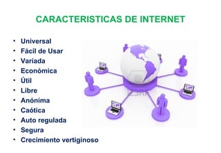 CARACTERISTICAS DE INTERNET
• Universal
• Fácil de Usar
• Variada
• Económica
• Útil
• Libre
• Anónima
• Caótica
• Auto regulada
• Segura
• Crecimiento vertiginoso
 