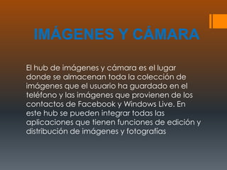 IMÁGENES Y CÁMARA

El hub de imágenes y cámara es el lugar
donde se almacenan toda la colección de
imágenes que el usuario ha guardado en el
teléfono y las imágenes que provienen de los
contactos de Facebook y Windows Live. En
este hub se pueden integrar todas las
aplicaciones que tienen funciones de edición y
distribución de imágenes y fotografías
 