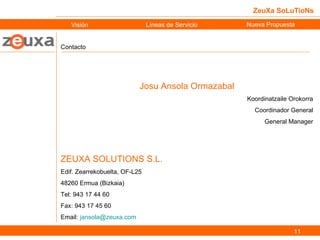 ZeuXa SoLuTioNs Contacto Josu Ansola Ormazabal Koordinatzaile Orokorra Coordinador General General Manager ZEUXA SOLUTIONS S.L. Edif. Zearrekobuelta, OF-L25 48260 Ermua (Bizkaia) Tel: 943 17 44 60 Fax: 943 17 45 60 Email:  [email_address]   Visión Líneas de Servicio Nueva Propuesta 