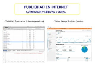 PUBLICIDAD EN INTERNET
COMPROBAR VISIBILIDAD y VISITAS

· Visibilidad: Ranktracker (informes periódicos)

· Visitas: Google Analytics (público)

 