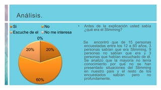 Análisis.
• Antes de la explicación usted sabía
¿qué era el Slimming?
Se encontró que de 15 personas
encuestadas entre los 12 a 60 años, 3
personas sabían que era Slimming, 9
personas no sabían que era y 3
personas que habían escuchado de él.
Se analizo que la mayoría no tenía
conocimiento por qué no se han
presentado situaciones del Slimming
en nuestro país y el resto de los
encuestados sabían pero no
profundamente.
20%
60%
20%
0%
Si No
Escuche de el No me interesa
 