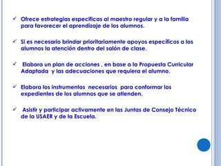 Ofrece estrategias especificas al maestro regular y a la familia para favorecer el aprendizaje de los alumnos. Si es necesario brindar prioritariamente apoyos específicos a los alumnos la atención dentro del salón de clase. Elabora un plan de acciones , en base a la Propuesta Curricular Adaptada  y las adecuaciones que requiera el alumno. Elabora los instrumentos  necesarios  para conformar los expedientes de los alumnos que se atienden. Asistir y participar activamente en las Juntas de Consejo Técnico de la USAER y de la Escuela. 