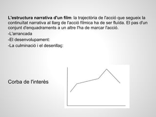 L'estructura narrativa d'un fílm: la trajectòria de l'acció que segueix la
continuïtat narrativa al llarg de l'acció fílmica ha de ser fluïda. El pas d'un
conjunt d'enquadraments a un altre l'ha de marcar l'acció.
-L'arrancada
-El desenvolupament:
-La culminació i el desenllaç:
Corba de l'interès
 