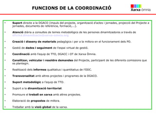 FUNCIONS DE LA COORDINACIÓ <ul><li>Suport  directe a la DGACO (impuls del projecte, organització d'actes i jornades, proje...