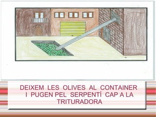Ventajas
●
●
●
●
●
DEIXEM LES OLIVES AL CONTAINER
I PUGEN PEL SERPENTÍ CAP A LA
TRITURADORA
 