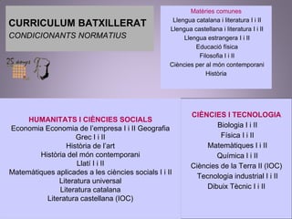 CURRICULUM BATXILLERAT 
CONDICIONANTS NORMATIUS 
Matèries comunes 
Llengua catalana i literatura I i II 
Llengua castellana i literatura I i II 
Llengua estrangera I i II 
Educació física 
Filosofia I i II 
Ciències per al món contemporani 
Història 
CIÈNCIES I TECNOLOGIA 
Biologia I i II 
Física I i II 
Matemàtiques I i II 
Química I i II 
Ciències de la Terra II (IOC) 
Tecnologia industrial I i II 
Dibuix Tècnic I i II 
HUMANITATS I CIÈNCIES SOCIALS 
Economia Economia de l’empresa I i II Geografia 
Grec I i II 
Història de l’art 
Història del món contemporani 
Llatí I i II 
Matemàtiques aplicades a les ciències socials I i II 
Literatura universal 
Literatura catalana 
Literatura castellana (IOC) 
 
