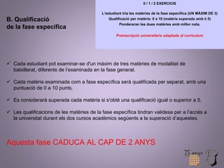 B. Qualificació 
de la fase específica 
0 / 1 / 2 EXERCICIS 
L’estudiant tria les matèries de la fase específica (UN MÀXIM DE 3) 
Qualificació per matèria: 0 a 10 (matèria superada amb ≥ 5) 
Ponderaran les dues matèries amb millor nota. 
Preinscripció universitària adaptada al currículum 
 Cada estudiant pot examinar-se d'un màxim de tres matèries de modalitat de 
batxillerat, diferents de l’examinada en la fase general. 
 Cada matèria examinada com a fase específica serà qualificada per separat, amb una 
puntuació de 0 a 10 punts. 
 Es considerarà superada cada matèria si s'obté una qualificació igual o superior a 5. 
 Les qualificacions de les matèries de la fase específica tindran validesa per a l’accés a 
la universitat durant els dos cursos acadèmics següents a la superació d’aquestes. 
Aquesta fase CADUCA AL CAP DE 2 ANYS 
 