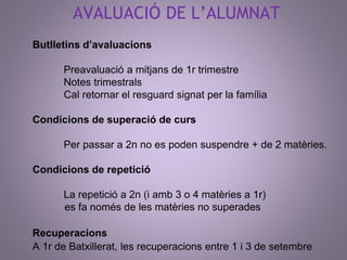 AVALUACIÓ DE L’ALUMNAT 
Butlletins d’avaluacions 
Preavaluació a mitjans de 1r trimestre 
Notes trimestrals 
Cal retornar el resguard signat per la família 
Condicions de superació de curs 
Per passar a 2n no es poden suspendre + de 2 matèries. 
Condicions de repetició 
La repetició a 2n (i amb 3 o 4 matèries a 1r) 
es fa només de les matèries no superades 
Recuperacions 
A 1r de Batxillerat, les recuperacions entre 1 i 3 de setembre 
 