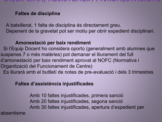 DISCIPLINA, ASSISTÈNCIA I AMONESTACIONS 
Faltes de disciplina 
A batxillerat, 1 falta de disciplina és directament greu. 
Depenent de la gravetat pot ser motiu per obrir expedient disciplinari. 
Amonestació per baix rendiment 
Si l’Equip Docent ho considera oportú (generalment amb alumnes que 
suspenes 7 o més matèries) pot demanar el lliurament del full 
d’amonestació per baix rendiment aprovat al NOFC (Normativa i 
Organització del Funcionament de Centre) 
Es lliurarà amb el butlletí de notes de pre-avaluació i dels 3 trimestres 
Faltes d’assistència injustificades 
Amb 10 faltes injustificades, primera sanció 
Amb 20 faltes injustificades, segona sanció 
Amb 30 faltes injustificades, apertura d’expedient per 
absentisme 
 
