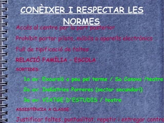 CONÈIXER I RESPECTAR LES
NORMES:
•
Accés al centre per la part posterior
•
Prohibit portar pilota, mòbils o aparells electrònics
•
Full de tipificació de faltes
•
RELACIÓ FAMÍLIA – ESCOLA
•
SORTIDES:
1a av: Excursió a peu pel terme / Sa Canova /teatre
2a av: Indústries Porreres (sector secundari)
3a av: VIATGE D'ESTUDIS / teatre
•
ASSISTÈNCIA A CLASSE:
Justificar faltes, puntualitat, repetir i entregar contro
 
