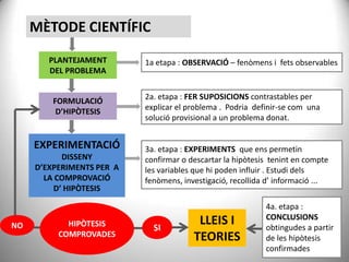 MÈTODE CIENTÍFIC
PLANTEJAMENT
DEL PROBLEMA

FORMULACIÓ
D’HIPÒTESIS

EXPERIMENTACIÓ
DISSENY
D’EXPERIMENTS PER A
LA COMPROVACIÓ
D’ HIPÒTESIS

NO

HIPÒTESIS
COMPROVADES

1a etapa : OBSERVACIÓ – fenòmens i fets observables

2a. etapa : FER SUPOSICIONS contrastables per
explicar el problema . Podria definir-se com una
solució provisional a un problema donat.

3a. etapa : EXPERIMENTS que ens permetin
confirmar o descartar la hipòtesis tenint en compte
les variables que hi poden influir . Estudi dels
fenòmens, investigació, recollida d’ informació ...

LLEIS I
TEORIES

4a. etapa :
CONCLUSIONS
obtingudes a partir
de les hipòtesis
confirmades

 