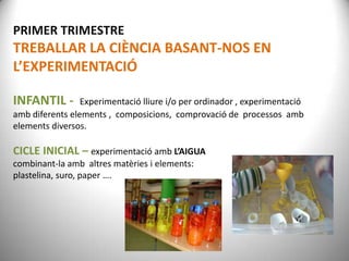 PRIMER TRIMESTRE

TREBALLAR LA CIÈNCIA BASANT-NOS EN
L’EXPERIMENTACIÓ
INFANTIL -

Experimentació lliure i/o per ordinador , experimentació
amb diferents elements , composicions, comprovació de processos amb
elements diversos.

CICLE INICIAL – experimentació amb L’AIGUA
combinant-la amb altres matèries i elements:
plastelina, suro, paper ….

 