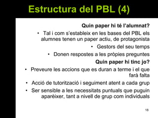 Estructura del PBL (4) Quin paper hi té l’alumnat? Tal i com s’estableix en les bases del PBL els alumnes tenen un paper actiu, de protagonista Gestors del seu temps Donen respostes a les pròpies preguntes Quin paper hi tinc jo? Preveure les accions que es duran a terme i el que farà falta Acció de tutorització i seguiment atent a cada grup Ser sensible a les necessitats puntuals que puguin aparèixer, tant a nivell de grup com individuals 