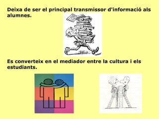 Deixa de ser el principal transmissor d'informació als alumnes. Es converteix en el mediador entre la cultura i els estudiants. 