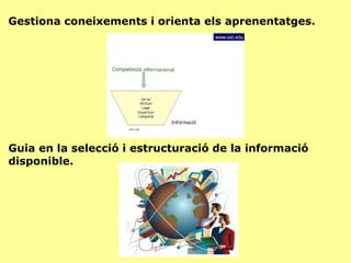 Gestiona coneixements i orienta els aprenentatges. Guia en la selecció i estructuració de la informació disponible. 