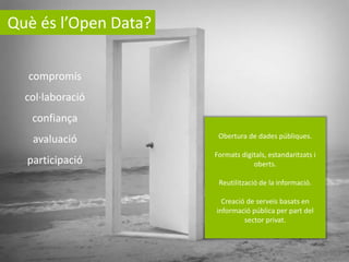Què és l’Open Data?
compromís
col·laboració
confiança
avaluació

Obertura de dades públiques.

participació

Formats digitals, estandaritzats i
oberts.
Reutilització de la informació.
Creació de serveis basats en
informació pública per part del
sector privat.

 