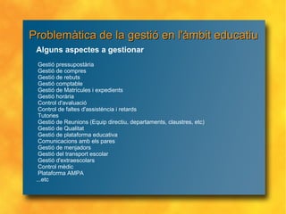 Problemàtica de la gestió en l'àmbit educatiu Alguns aspectes a gestionar Gestió pressupostària Gestió de compres  Gestió de rebuts Gestió comptable Gestió de Matrícules i expedients Gestió horària Control d'avaluació Control de faltes d'assistència i retards Tutories Gestió de Reunions (Equip directiu, departaments, claustres, etc) Gestió de Qualitat Gestió de plataforma educativa Comunicacions amb els pares Gestió de menjadors Gestió del transport escolar Gestió d'extraescolars Control mèdic Plataforma AMPA ...etc 