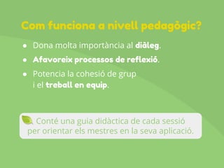 ● Dona molta importància al diàleg.
● Afavoreix processos de reflexió.
● Potencia la cohesió de grup
i el treball en equip.
Conté una guia didàctica de cada sessió
per orientar els mestres en la seva aplicació.
Com funciona a nivell pedagògic?
 