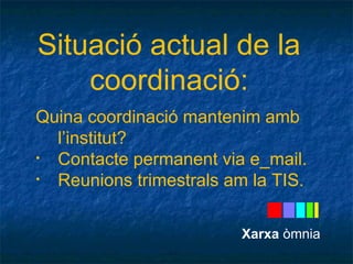 Situació actual de la 
coordinació: 
Quina coordinació mantenim amb 
l’institut? 
• Contacte permanent via e_mail. 
• Reunions trimestrals am la TIS. 
Xarxa òmnia 
 