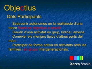Objectius 
Dels Participants 
. 
• Esdevenir autònomes en la realització d’una 
tasca fixant-se objectius a assolir 
• Gaudir d’una activitat en grup, lúdica i amena. 
• Conèixer els menjars típics d’altres parts del 
món. 
• Participar de forma activa en activitats amb les 
famílies i en grups intergeneracionals. 
Xarxa òmnia 
 