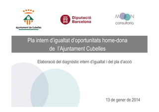 Pla intern d’igualtat d’oportunitats home-dona
de l’Ajuntament Cubelles
Elaboració del diagnòstic intern d’igualtat i del pla d’acció

13 de gener de 2014

 