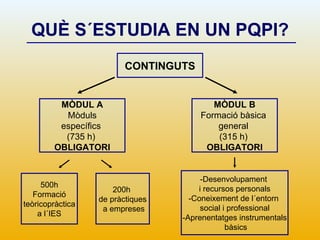 QUÈ S´ESTUDIA EN UN PQPI? CONTINGUTS MÒDUL B Formació bàsica  general  (315 h)  OBLIGATORI 500h Formació teòricopràctica  a l´IES 200h  de pràctiques a empreses -Desenvolupament  i recursos personals -Coneixement de l´entorn  social i professional -Aprenentatges instrumentals bàsics MÒDUL A Mòduls específics  (735 h)  OBLIGATORI 