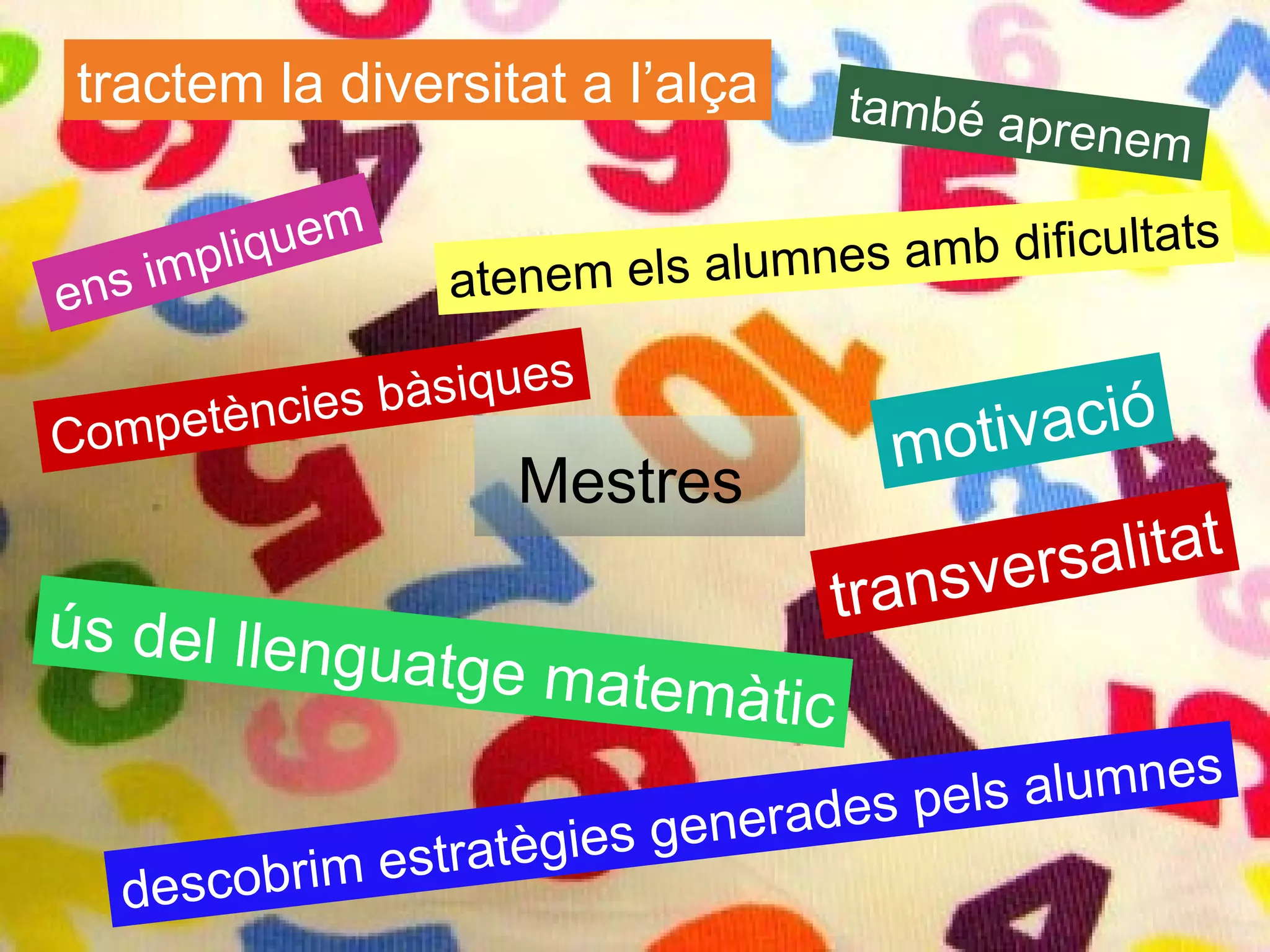tractem la diversitat a l’alça          també ap
                                                    renem

             e   m                                          s
       pliqu           atenem els alumnes amb dificultat
e ns im

            s bàsiques
Competèncie
                                           mot ivació
                         Mestres
                                             nsvers alitat
ús del lleng                             tra
                     uatge mate
                                 màtic
                                         ls alumnes
                               erades pe
                    tègies gen
   desco brim estra
 