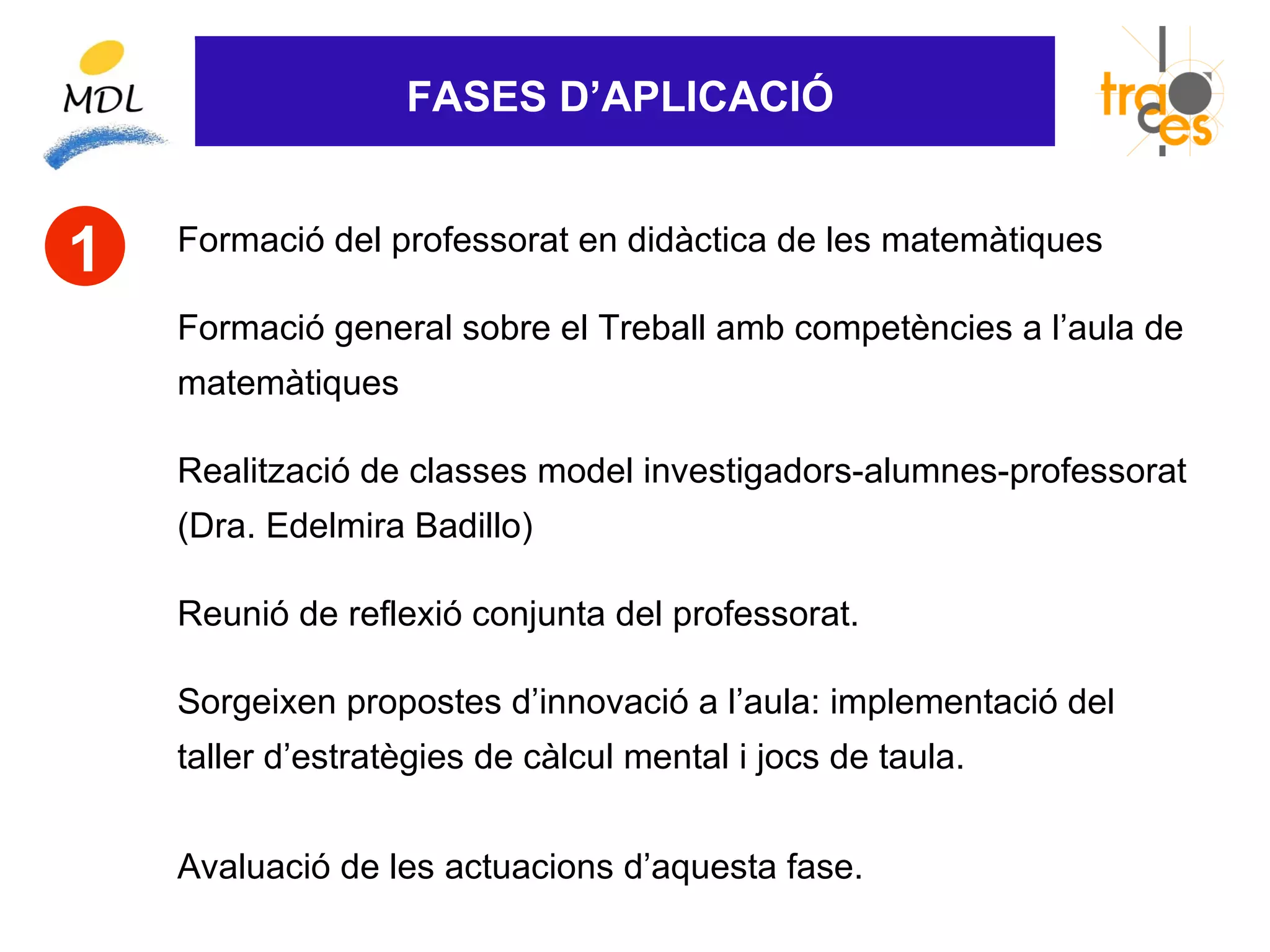 FASES D’APLICACIÓ


1   Formació del professorat en didàctica de les matemàtiques

    Formació general sobre el Treball amb competències a l’aula de
    matemàtiques

    Realització de classes model investigadors-alumnes-professorat
    (Dra. Edelmira Badillo)

    Reunió de reflexió conjunta del professorat.

    Sorgeixen propostes d’innovació a l’aula: implementació del
    taller d’estratègies de càlcul mental i jocs de taula.


    Avaluació de les actuacions d’aquesta fase.
 
