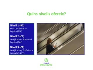 Quins nivells ofereix?

Nivell 1 (B2)
First Certificate in
English (FCE)

Nivell 2 (C1)
Certificate in Advanced
English (CAE)

Nivell 3 (C2)
Certificate of Proficiency
in English (CPE)




                              @ELangUOC
 