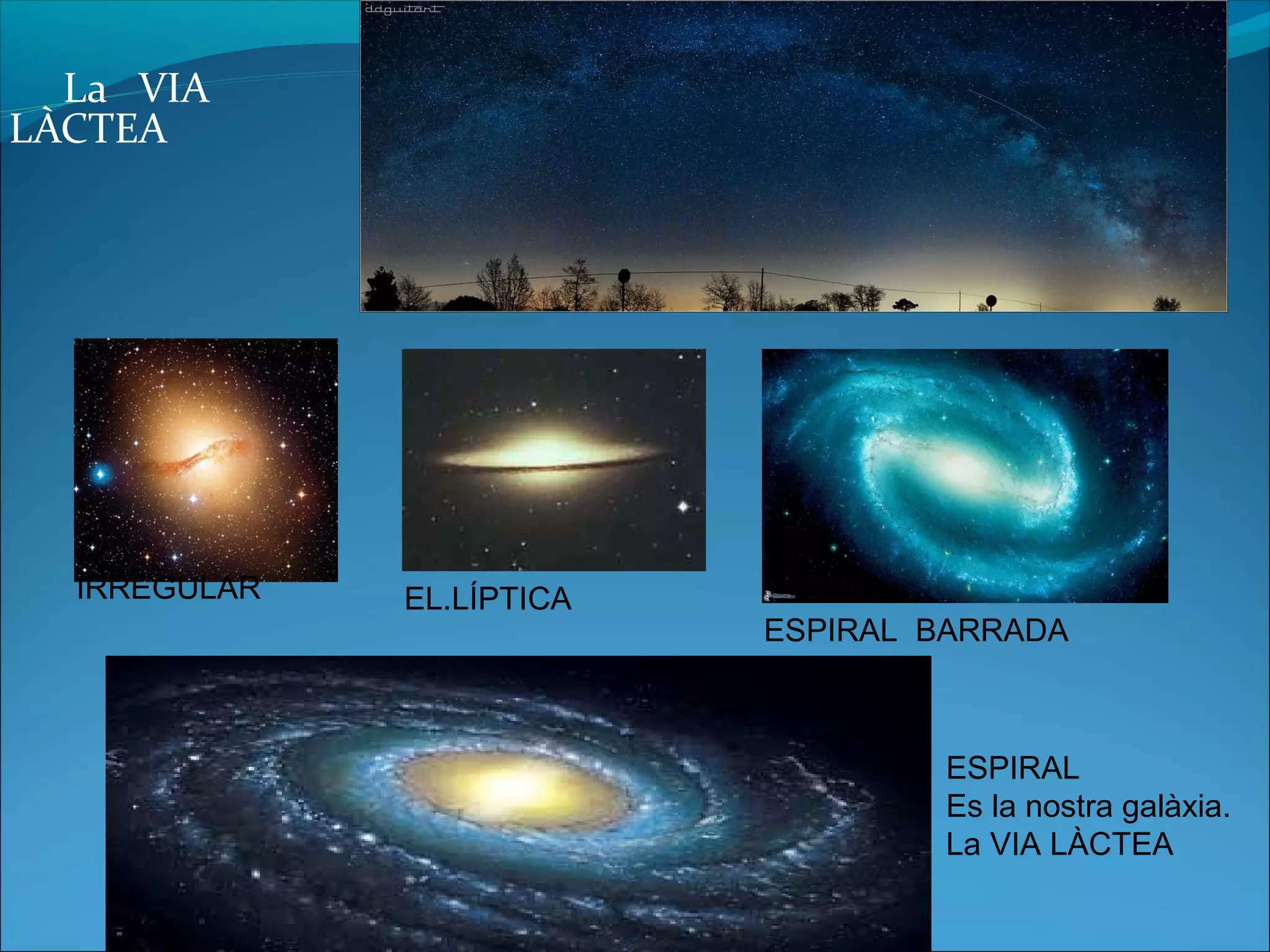 La VIA
LÀCTEA
ESPIRAL BARRADA
EL.LÍPTICAIRREGULAR
ESPIRAL
Es la nostra galàxia.
La VIA LÀCTEA
 