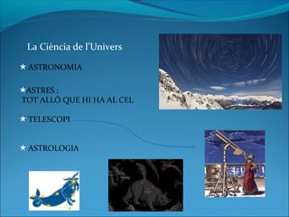 La Ciència de l’Univers
★ ASTRONOMIA
★ASTRES :
TOT ALLÒ QUE HI HA AL CEL
★ TELESCOPI
★ ASTROLOGIA
 
