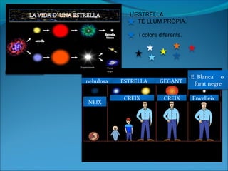 NEIXNEIX
CREIX CREIX Envelleix
nebulosa ESTRELLA GEGANT
E. Blanca o
forat negre
L’ESTRELLA
TÉ LLUM PRÒPIA.
i i colors diferents.
Forat
negre
 