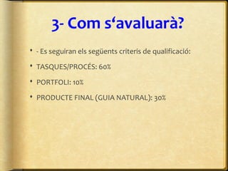 3- Com s‘avaluarà?
 - Es seguiran els següents criteris de qualificació:
 TASQUES/PROCÉS: 60%
 PORTFOLI: 10%
 PRODUCTE FINAL (GUIA NATURAL): 30%
 