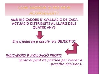 AMB INDICADORS D’AVALUACIÓ DE CADA
ACTUACIÓ DISTRIBUÏTS AL LLARG DELS
QUATRE ANYS
Ens ajudaran a assolir els OBJECTIUS
INDICADORS D’AVALUACIÓ PROPIS
Seran el punt de partida per tornar a
prendre decisions.
 