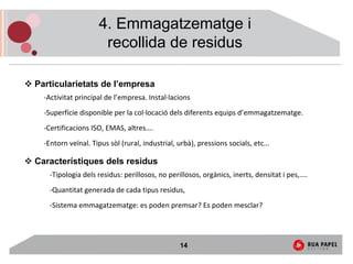 4. Emmagatzematge i
                      recollida de residus

Particularietats de l’empresa
  ‐Activitat principal de l’empresa. Instal∙lacions
  ‐Superfície disponible per la col∙locació dels diferents equips d’emmagatzematge.
  ‐Certificacions ISO, EMAS, altres…. 
  ‐Entorn veïnal. Tipus sòl (rural, industrial, urbà), pressions socials, etc...

Característiques dels residus
    ‐Tipologia dels residus: perillosos, no perillosos, orgànics, inerts, densitat i pes,....
    ‐Quantitat generada de cada tipus residus, 
    ‐Sistema emmagatzematge: es poden premsar? Es poden mesclar? 




                                                 14
 