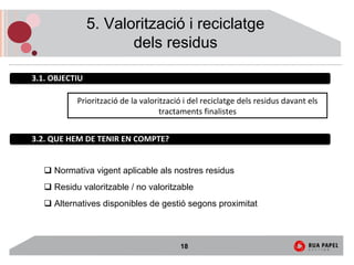 5. Valorització i reciclatge
                       dels residus

3.1. OBJECTIU

           Priorització de la valorització i del reciclatge dels residus davant els 
                                    tractaments finalistes


3.2. QUE HEM DE TENIR EN COMPTE?


     Normativa vigent aplicable als nostres residus
     Residu valoritzable / no valoritzable
     Alternatives disponibles de gestió segons proximitat



                                          18
 