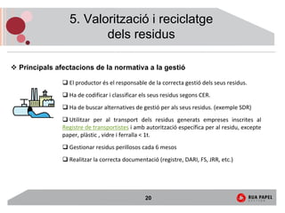 5. Valorització i reciclatge
                      dels residus

Principals afectacions de la normativa a la gestió

               El productor és el responsable de la correcta gestió dels seus residus. 
               Ha de codificar i classificar els seus residus segons CER. 
               Ha de buscar alternatives de gestió per als seus residus. (exemple SDR)
               Utilitzar  per  al  transport  dels  residus  generats  empreses  inscrites  al 
             Registre de transportistes i amb autorització específica per al residu, excepte 
             paper, plàstic , vidre i ferralla < 1t. 
               Gestionar residus perillosos cada 6 mesos
               Realitzar la correcta documentació (registre, DARI, FS, JRR, etc.)




                                              20
 