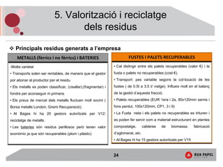 5. Valorització i reciclatge
                                   dels residus

   Principals residus generats a l’empresa
    METALLS (fèrrics i no fèrrics) i BATERIES                            FUSTES I PALETS RECUPERABLES
-Molta varietat                                                 • Cal distingir entre els palets recuperables (valor €) i la
• Transports solen ser rentables, de manera que el gestor       fusta o palets no recuperables (cost €).
por abonar al productor per el residu.                          • Transport: pes variable segons la col·locació de les
• Els metalls es poden classificar, (cisallar),(fragmentar) i   fustes ( de 0.5t a 3.5 t/ viatge). Influeix molt en el balanç
fondre per aconseguir m.primera.                                de la gestió d’aquesta fracció.
• Els preus de mercat dels metalls fluctuen molt sovint (       • Palets recuperables (EUR 1era i 2a, 80x120mm semis i
Borsa metalls London, Gremi Recuperació)                        fons perdut, 100x120mm, CP1, 3 i 9)
• Al Bages hi ha 20 gestors autoritzats per V12:                • La Fusta neta i els palets no recuperables es trituren i
reciclatge de metalls.                                          es poden fer servir com a material estructurant en plantes
• Les bateries són residus perillosos però tenen valor          compostatge,        calderes   de   biomassa,     fabricació
econòmic ja que són recuperables (plom i plàstic)               d’aglomerat, etc.
                                                                • Al Bages hi ha 15 gestors autoritzats per V15



                                                                24
 