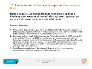 Reptes de l’educació a Catalunya.
Anuari 2015
Presentació FJB
10. Finançament de l’educació superior (Francesc Xavier
Grau)
Definir l’abast i un model propi de l’educació superior a
Catalunya per superar el seu infrafinançament, apostant per
un model de servei públic orientat al bé públic.
Propostes destacades:
1. Fer un pacte de país sobre quin ha de ser l’abast i el model d’educació superior a
Catalunya. Es proposa la definició de l’educació superior com a servei públic orientat
al bé públic que majoritàriament és una responsabilitat pública.
2. Convergir amb un nivell de finançament de l’educació superior al 2020 equiparable
al del global d’Espanya i, al 2025, un nivell proper als països europeus similars a
Catalunya. En aquest marc, cal definir l’estructura de finançament mitjà de referència
per a les universitats. La proposta que es fa és de: 60% transferències corrents de
l’Administració, 15% preus públics, 15% recerca competitiva, 5% contractes amb
empreses i 5% altres ingressos.
3. Simplificar el model concret d’assignació de recursos tot i incorporant un
component de finançament estratègic, públic i transparent.
 