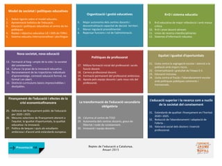 Reptes de l’educació a Catalunya.
Anuari 2015
Presentació FJB
Finançament de l’educació i efectes de la
crisi economicofinancera
25. Definició del finançament públic de l’educació
per 2020 i 2025.
26. Mesures selectives de finançament atenent a
l’equitat, la igualtat d’oportunitats, la qualitat
educativa i la innovació.
27. Política de beques i ajuts als estudiants
ambiciosa i d’acord amb estàndards europeus.
La transformació de l’educació secundària
obligatòria
28. L’alumne al centre de l’ESO
29. Autonomia dels centres docents, graus de
llibertat i node de coneixement.
30. Innovació i equips docents.
L’educació superior i la recerca com a nuclis
de la societat del coneixement
31. Estàndards de qualitat i finançament en l’horitzó
2020 i 2025.
32. Reducció de l’abandonament i adaptació de
l’oferta .
33. Valoració social dels doctors i inserció
professional.
Nova societat, nova educació
13. Formació al llarg i ample de la vida i la societat
del coneixement.
14. Cultura i la praxi de la innovació educativa.
15. Reconeixement de les trajectòries individuals
d’aprenentatge, connexió educació formal, no
formal i en obert.
16. Distinció currículums bàsics imprescindibles i
desitjables.
Polítiques de professorat
17. Millora formació inicial del professorat i accés
funció docent.
18. Carrera professional docent.
19. Formació permanent del professorat ambiciosa.
20. Aposta pels equips docents i pels nous rols del
professorat.
Equitat i igualtat d’oportunitats
21. Lluita contra la segregació escolar i atenció a la
població amb majors riscos.
22. Universalització i gratuïtat de l’etapa 0-3.
23. Educació inclusiva.
24. Lluita contra el fracàs i l’abandonament escolar
amb polítiques públiques coherents i
transversals.
Model de societat i polítiques educatives
1. Debat rigorós sobre el model educatiu.
2. Aproximació holística de l’educació.
3. Educació i polítiques educatives al centre de les
polítiques
4. Reptes i objectius educatius UE i ODS de l’ONU.
5. Sistema educatiu internacionalitzat i plurilingüe
Organització i gestió educatives
6. Major autonomia dels centres docents i
descentralització capacitat de decisió territori.
7. Menor regulació procedimental.
8. Repensar funcions i rol de l’administració.
R+D i sistema educatiu
9. R+D educativa de major rellevància i amb massa
crítica.
10. R+D i praxi docent alineats
11. Línies de recerca interdisciplinàries
12. Sistemes d’informació robustos.
 