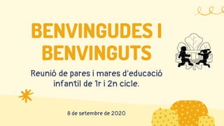 BENVINGUDES I
BENVINGUTS
Reunió de pares i mares d'educació
infantil de 1r i 2n cicle.
8 de setembre de 2020
 