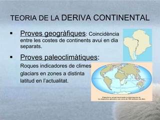 TEORIA DE LA  DERIVA CONTINENTAL Proves geogràfiques : Coincidència entre les costes de continents avui en dia separats. Proves paleoclimàtiques : Roques indicadores de climes glaciars en zones a distinta latitud en l’actualitat . 