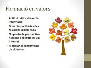 Formació en valors
• Actitud crítica davant la
informació
• Donar importància a les
relacions socials reals
• No perdre la perspectiva
humana del contacte via
Internet
• Moderar el consumisme
de videojocs

 
