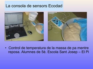 La consola de sensors Ecodad Control de temperatura de la massa de pa mentre reposa. Alumnes de 5è. Escola Sant Josep – El Pi 
