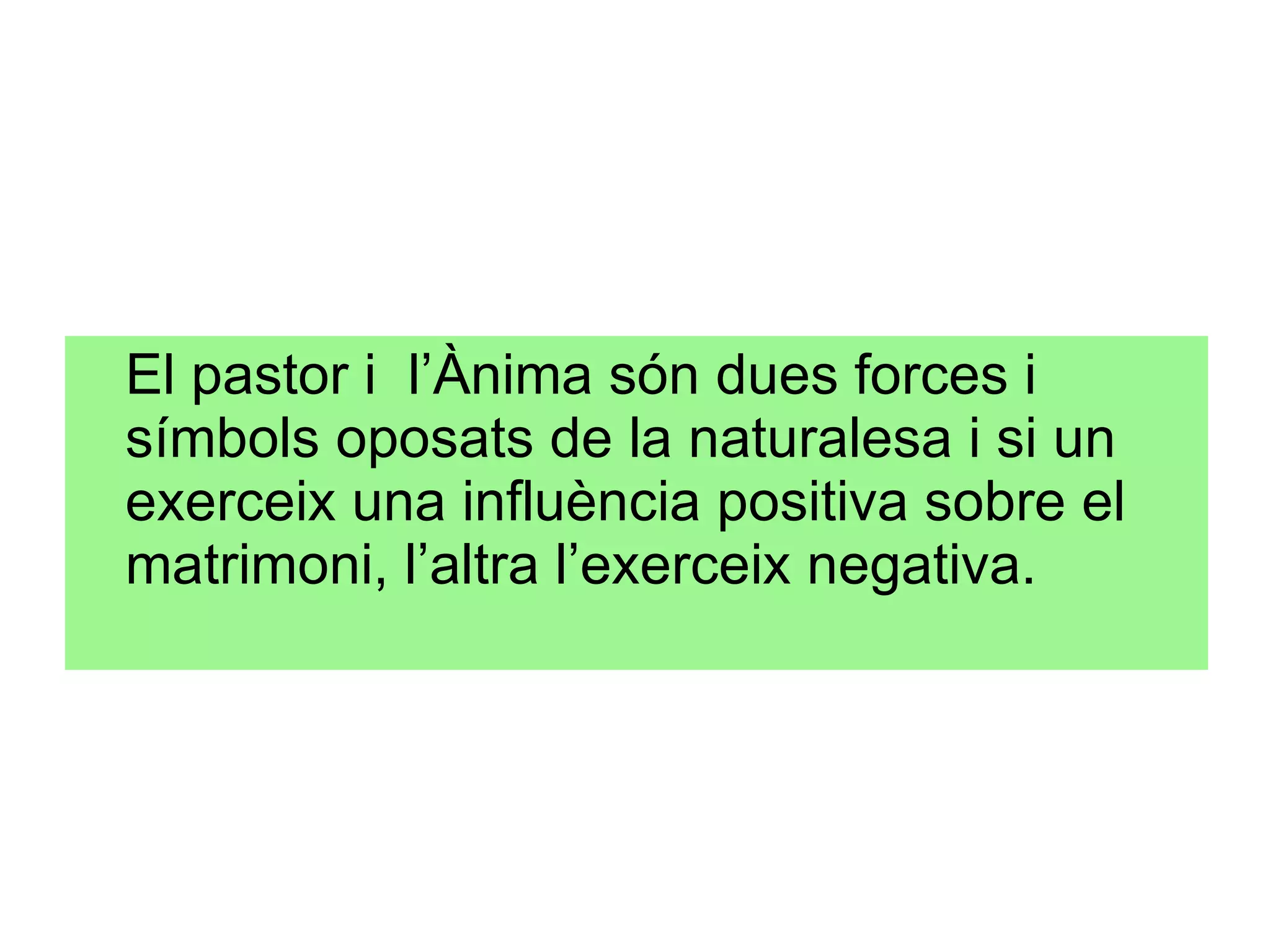 El pastor i  l’Ànima són dues forces i símbols oposats de la naturalesa i si un exerceix una influència positiva sobre el matrimoni, l’altra l’exerceix negativa. 