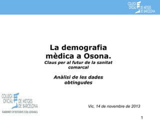 La demografia
mèdica a Osona.

Claus per al futur de la sanitat
comarcal

Anàlisi de les dades
obtingudes

Vic, 14 de novembre de 2013
Cita prèvia

1

 