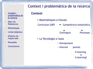 ● Context i
problemàtica de
la recerca
● Marc de
Referència
● Metodologia
● Unitat didàctica
● Disseny de
l'espai web
● Resultats
● Conclusions
Context i problemàtica de la recerca
Context
● Matemàtiques a l'escola
●
La Tecnologia a l'aula
Currículum 2007 Competència matemàtica
Continguts Processos
Omnipresent
Internet
E-learning
o
b-learning?
portals
 